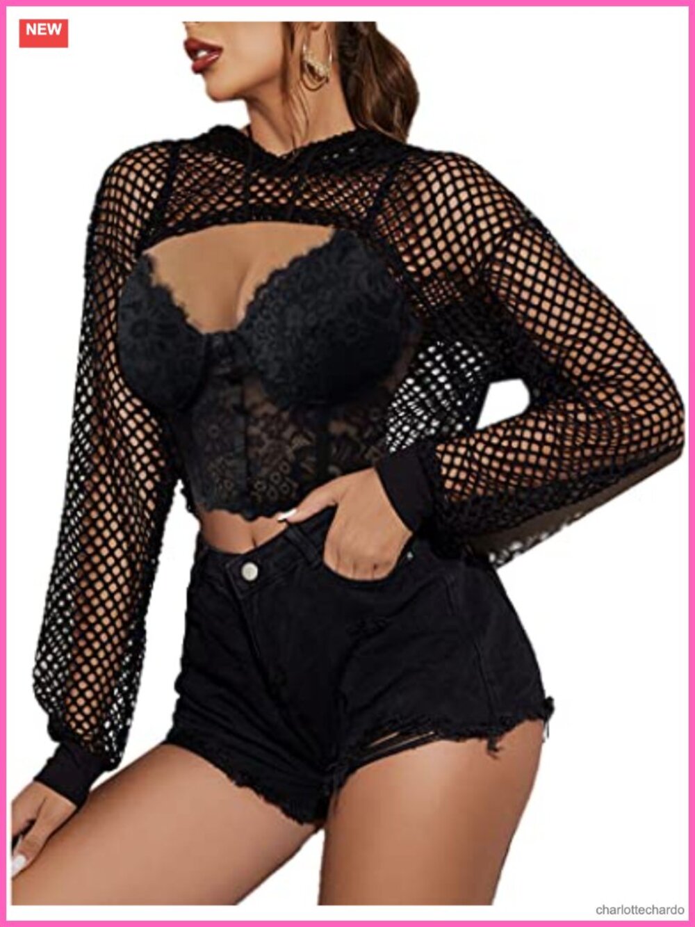 Women Mesh Crop Top Hoodie Long Sleeve Fishnet Rave Shirt